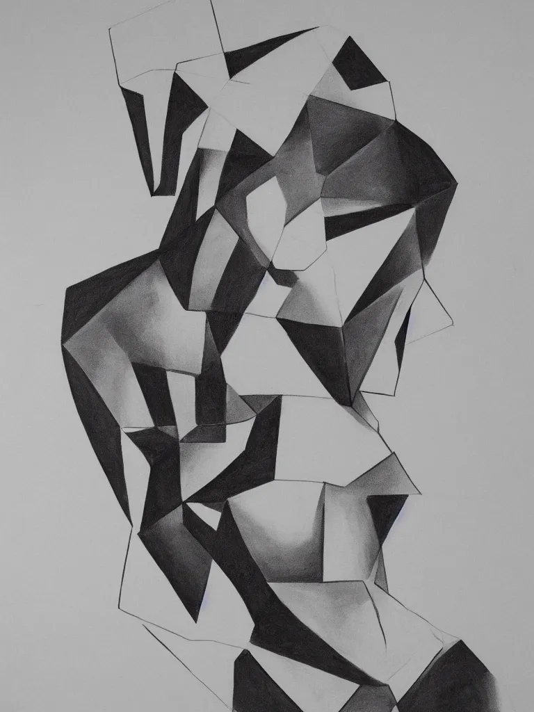 Image similar to geometric shape blocking of woman figure, detailed, charcoal on paper, high contrast