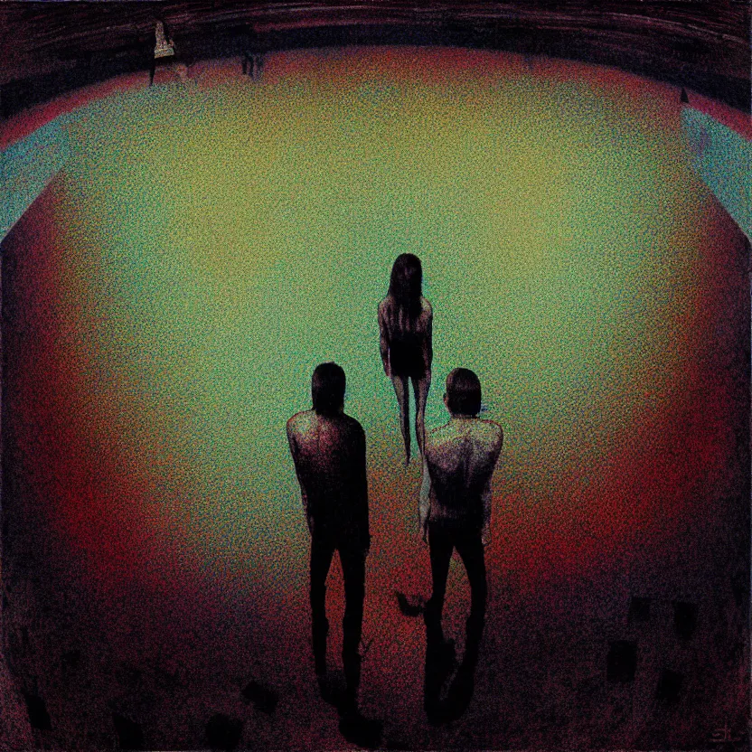 Image similar to realistic detailed image closeup of two people standing on top of a checkered floor, an album cover by syd barrett, tumblr, neo - expressionism, darksynth, nightmare, cosmic horror, fisheye view, artstation