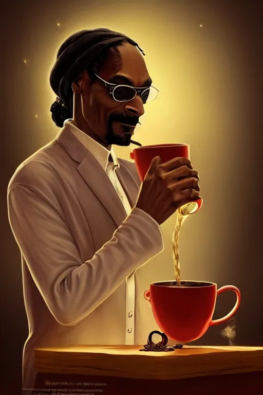 Image similar to Snoop Dogg offering a steaming mug of chai tea, against the backdrop of the universe, full body, digital painting, artstation, concept art, sharp focus, cinematic lighting, illustration, art by artgerm and Norman Rockwell, cgsociety