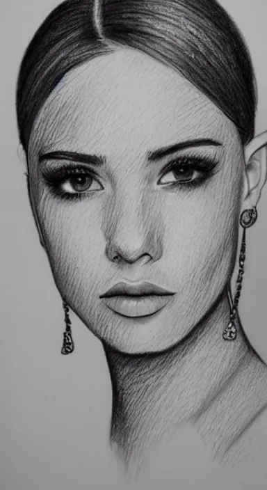 Prompt: highly detailed realistic pencil sketch portrait of a beautiful woman with short hair and bangs and freckles and nose piercing and earrings