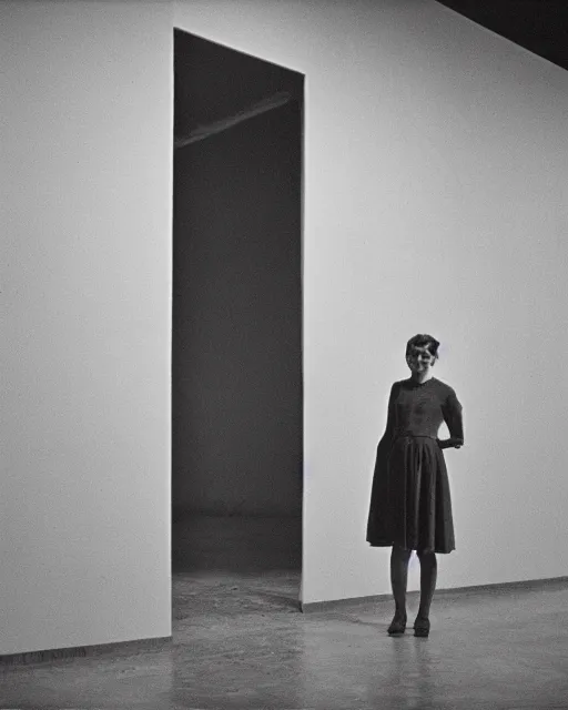 Prompt: a beautiful but horrifying young woman wearing an austere dress is standing in a vast and empty gallery. blood is on the walls, and the moon is shining through the windows. photographed in the 1 9 7 0 s, illustration