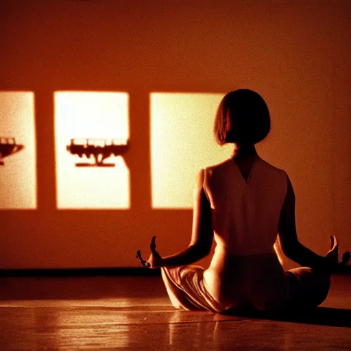 Image similar to movie scene of a girl meditating, movie still, cinematic composition, cinematic light, criterion collection, reimagined by industrial light and magic, Movie by David Lynch