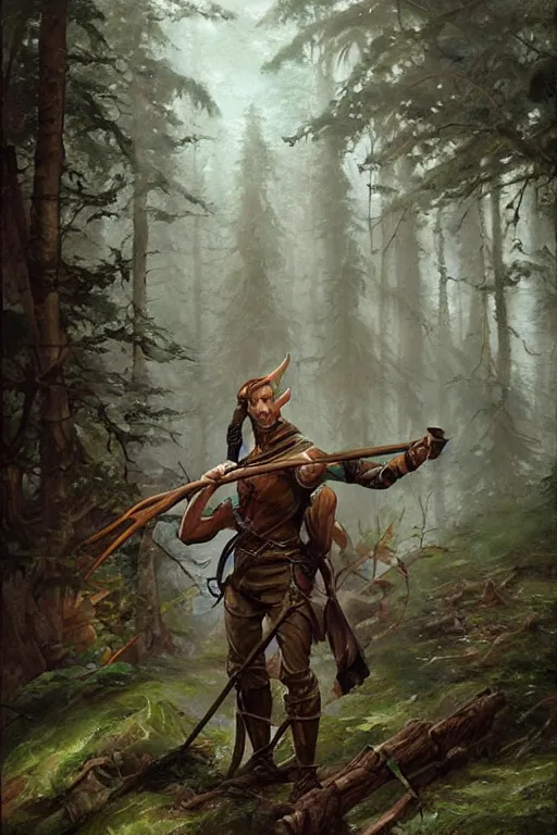 Prompt: beautiful oil painting of a wood elf man ranger class from dungeons and dragons in the forest by artgerm and greg rutkowski and thomas kinkade