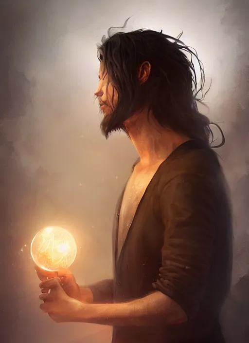 Prompt: side profile of a man with long black hair in brown rags holding a magical orb, fantasy, digital painting, volumetric light, intricate, sharp, focus, bloom, illustration, highly detailed, concept art, matte, art by anna dittmann and ilya kuvshinov and greg rutkowski, masterpiece