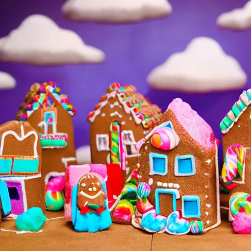 Prompt: Village made of candy with gingerbread people and with pink cotton candy clouds in the sky realistic