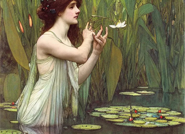 Image similar to a masterpiece painting of a beautiful faerie queen in a waterlily pond by john william waterhouse and alphonse mucha, wide angle, in frame, symmetrical, muted colors