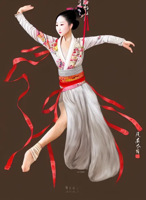 Image similar to full body portrait of a dancer throwing silk belts, feet, barefoot, full body, tanned, vivacious, extremely beautiful, hanfu, chinese ribbon dance, wide ribbons, silk belt, wuxia, martial arts, ming dynasty, detailed, realistic face, anatomically accurate, fantasy illustration, dnd, artstation, wlop.