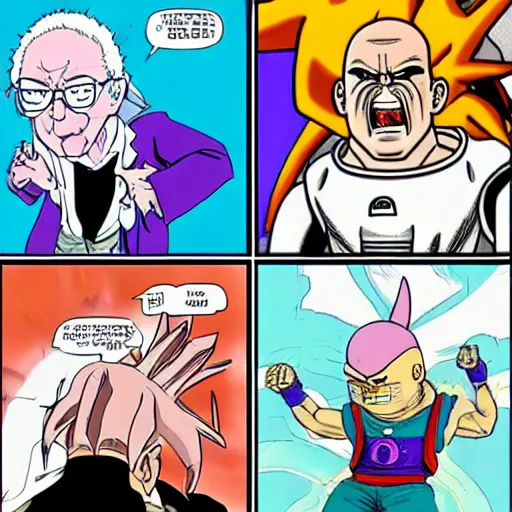 Prompt: bernie sanders fighting freeza in the art style of akira toriyama