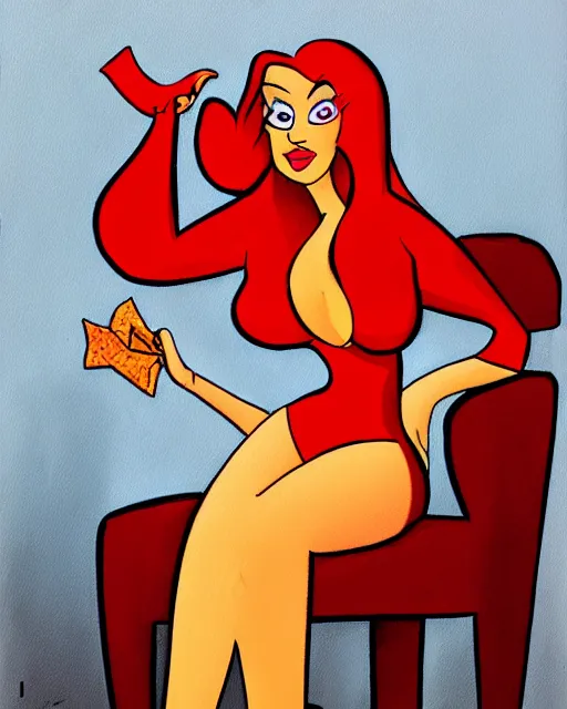 Image similar to Jessica Rabbit eating a bag of Doritos, sitting on a chair, oil painting, traditional animation portrait