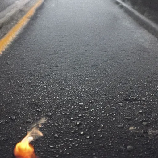 Image similar to beautiful photo, aspic on asphalt smoking cigarette, night, rain, fog, wet road