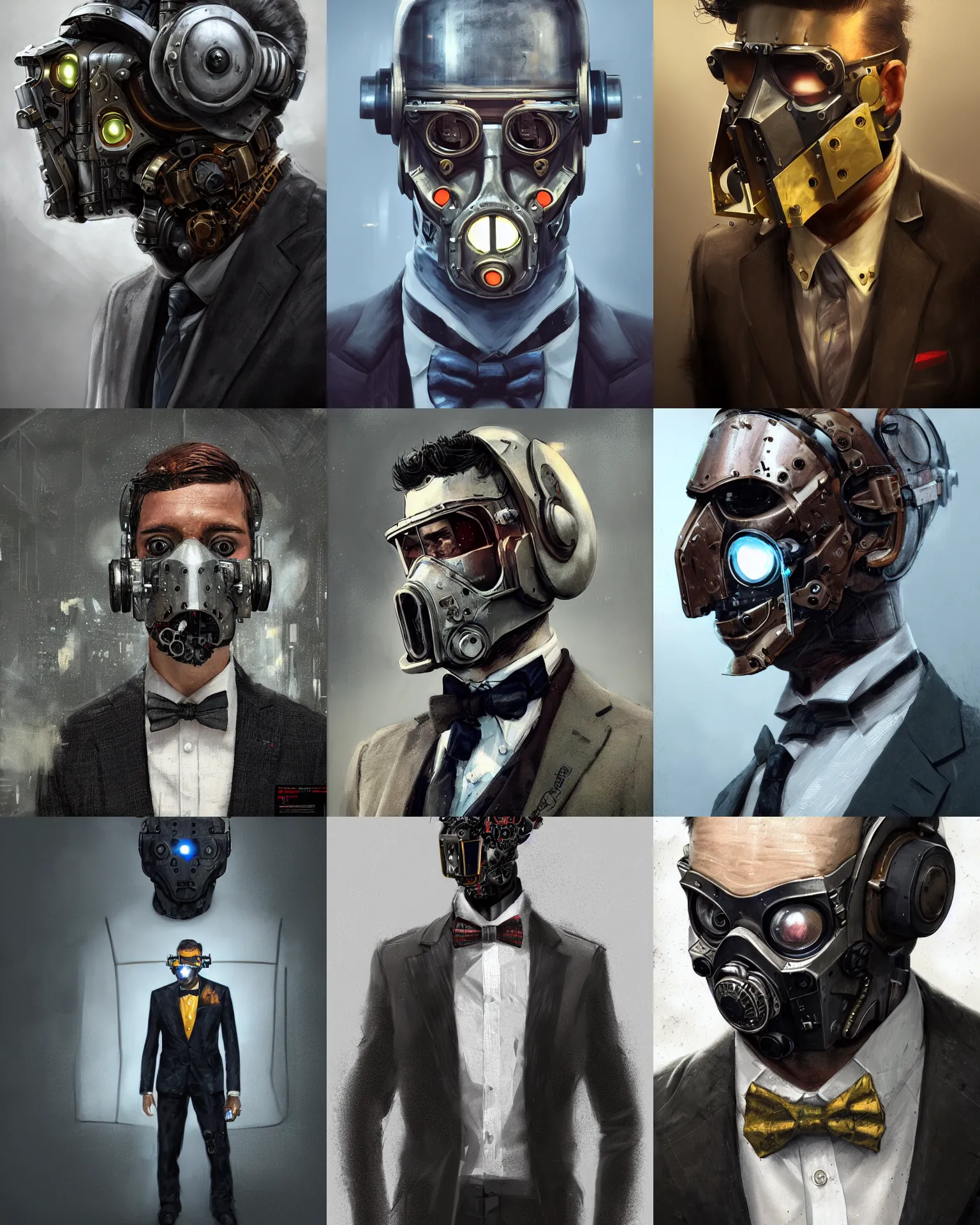 Image similar to a masked rugged young engineer man with cybernetic enhancements wearing a suit and bowtie, detailed mask, scifi character portrait by greg rutkowski, esuthio, craig mullins, 1 / 4 headshot, cinematic lighting, dystopian scifi gear, gloomy, profile picture, mechanical, half robot, implants, steampunk
