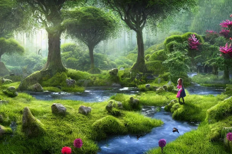 Image similar to hyper realistic detailed render of a vast heavenly garden of peace, wide eden filled with surreal trees, stone slab, colourful wild flowers, moss sheds, fern towers, a girl painting at a distance, small stream or puddles, birds singing, early morning mild lighting, trending on artstation, volumetric lighting, hyper realistic, hyper detailed, high quality render