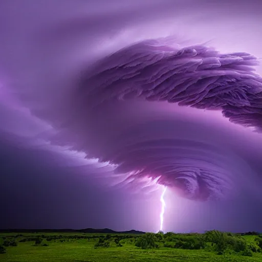 Image similar to amazing photo of a purple clouds in the shape of a tornado by marc adamus, beautiful dramatic lighting