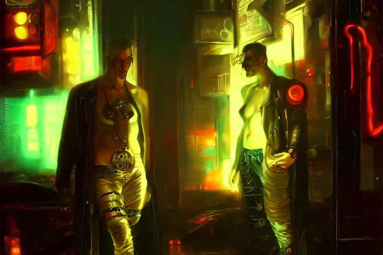 Prompt: cyberpunk style, male, neon lights, painting by gaston bussiere, craig mullins, j. c. leyendecker, tom of finland