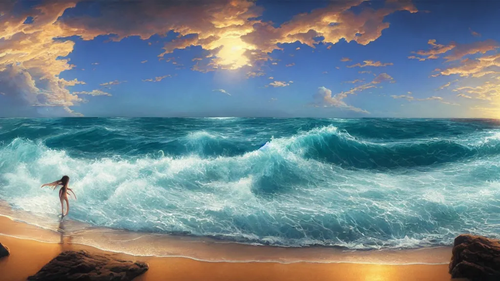 Image similar to first person view of breaking waves on the shore, summer, clear beautiful sky, bright sky, dolphins jumping and playing near the shore, peaceful, amazing, by andreas rocha and john howe, and Martin Johnson Heade, featured on artstation, featured on behance, golden ratio, ultrawide angle, f32, well composed