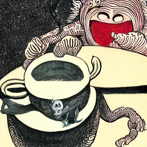 Prompt: highly detailed illustration of a monster smiling and dancing around a beautiful steaming cup of coffee, style of Japanese illustration, Maurice Sendak, Tove Jansson