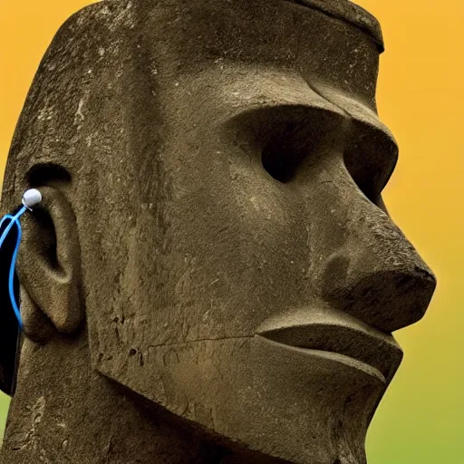 Image similar to a high detail photo of a moai wearing headphones, subject: moai, subject detail: wearing headphones
