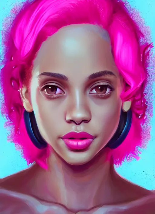 Image similar to portrait of teenage vanessa morgan with bright pink hair, black girl, curly pixie cut hair, wearing newsboy cap, pink short haircut, newsboy cap, hoop earrings, blue eyes, intricate, elegant, glowing lights, highly detailed, digital painting, artstation, concept art, smooth, sharp focus, illustration, art by wlop, mars ravelo and greg rutkowski