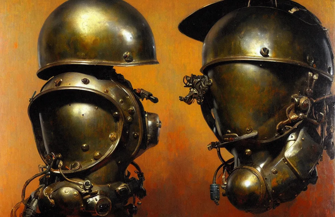 Prompt: portrait vintage deep sea diver helmet, detailed face, detailed painting, epic lighting, by ilya repin, phil hale and kent williams