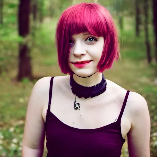 Prompt: Portrait of a cute young woman with short colored hair and a choker, portrait photography, cottagecore, upper body image, 35mm f/1.4, iso 100