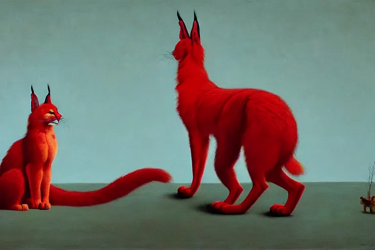 Image similar to only with red, a red cute fluffy caracal, ancient greek city, in the style of beksinski, parts by edward hopper, parts by rodcenko, parts by yue minjun, intricate and epic composition, red by caravaggio, insanely quality, highly detailed, masterpiece, red light, artstation, 4 k