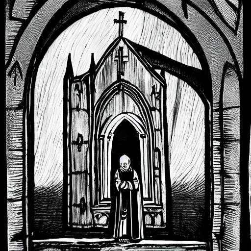 Image similar to priest on knees in front of burning church, gothic art, color, emotional, sad, dramatic, detailed