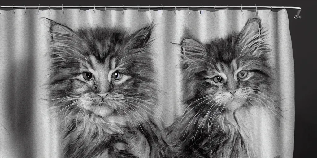 Prompt: shower curtain product catalog. on the curtain is a watercolor with ink under drawing of a maine coon kitten. wide - angle product photography, product lighting. 4 k, highly detailed. saturated.