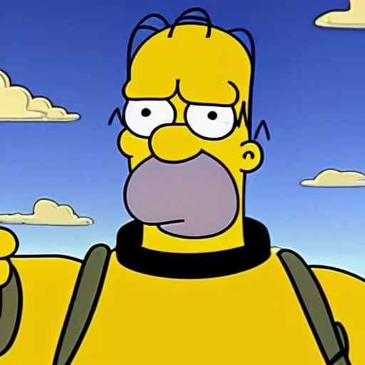 Image similar to wide angle Homer Simpson as C3PO, background blue sky puffy clouds cinematic 4k
