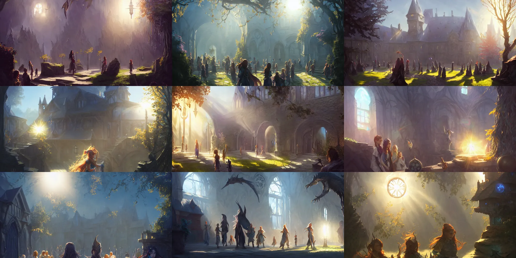 Prompt: Strixhaven school for gifted magical beings, D&D fantasy, magical school, close-up school courtyard, bright day light sun, bloom, lens flare, highly detailed, digital painting, trending on artstation, pixiv, concept art, sharp focus, illustration, art by Greg Rutkowski