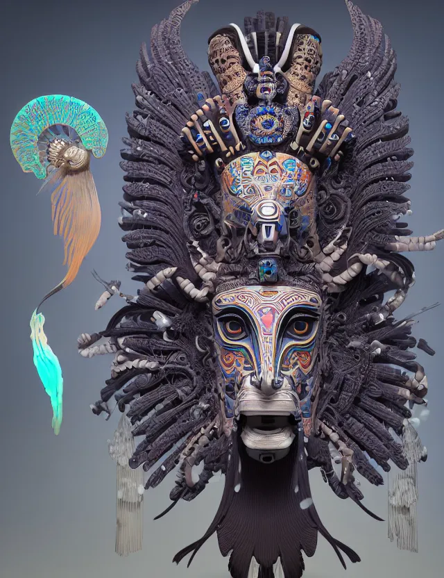 Image similar to 3 d goddess close - up profile portrait aztec with ram skull. beautiful intricately detailed japanese crow kitsune mask and clasical japanese kimono. betta fish, jellyfish phoenix, bio luminescent, plasma, ice, water, wind, creature, artwork by tooth wu and wlop and beeple and greg rutkowski