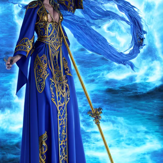 Prompt: elemental water witch in ornate blue robes and staff, highly detailed, 8 k, hdr, anne stokes