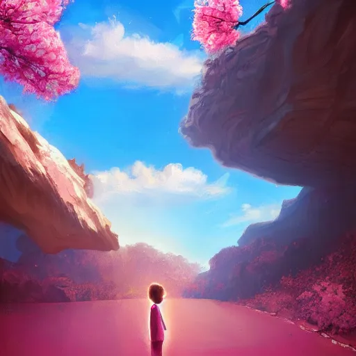 Image similar to giant cherry blossom as a head, girl hiking in a canyon, surreal photography, sunrise, dramatic light, impressionist painting, colorful clouds, digital painting, artstation, simon stalenhag