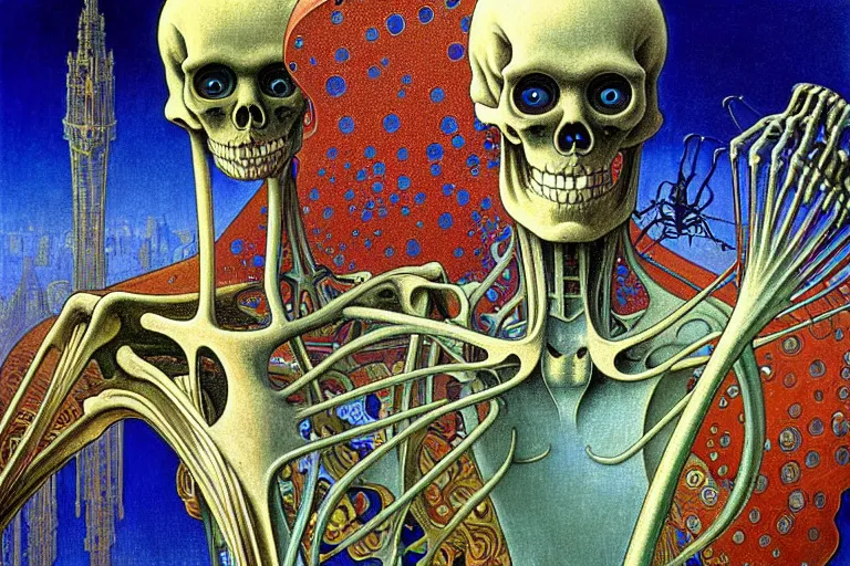 Image similar to realistic detailed closeup portrait painting of a single skeleton wearing a cape in a crowded futuristic moscow street by Jean Delville, Amano, Yves Tanguy, Alphonse Mucha, Ernst Haeckel, Edward Robert Hughes, Roger Dean, rich moody colours, blue eyes