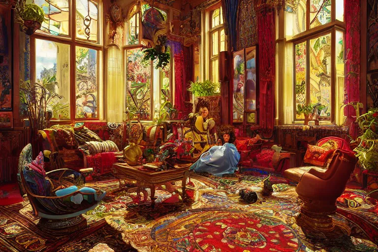 Image similar to a bright bohemian parlor with sunbeams streaming in from tall windows, by Ludwig Deutsch and Evelyn De Morgan and Donato Giancola, floral embroidery, carved wood, oriental carpets,rich color, dramatic cinematic lighting, featured on Artstation, cgsociety, unreal engine