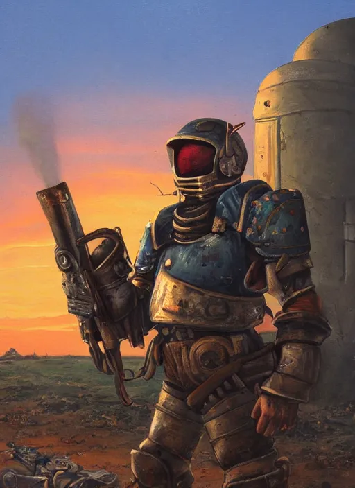 Image similar to a detailed painting of a man in post apocalyptic home made armour and a helmet holding a modified shotgun walking around a wasteland with a blue sky walking towards a sunset. hd. 1 9 5 0 s oil painting style.