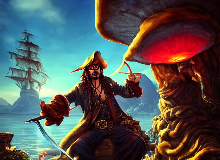 Image similar to a cool looking pirate eating magic mushroom, golden hour, fantasy, sharp focus, digital art, hyper realistic, 4 k, unreal engine, highly detailed, hd, dramatic lighting by brom, trending on artstation