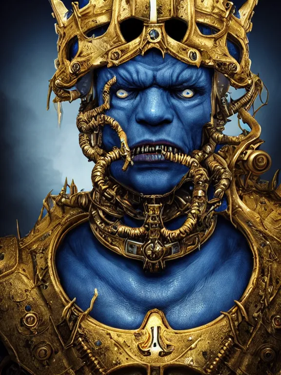 Image similar to portrait art of 8k ultra realistic undead eldritch horror blue space marine king, detailed ornate gold crown, detailed intricate ornate armour,decaying, cybernetic, full of colour, cinematic lighting, battered, trending on artstation, 4k, hyperrealistic, focused, extreme details,unreal engine 5, cinematic, masterpiece, art by ayami kojima, giger