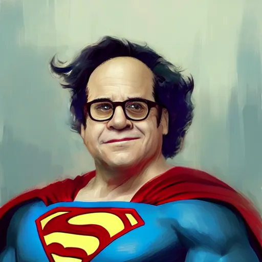 Image similar to portrait of a danny devito as superman by greg rutkowski, highly detailed portrait, digital painting, artstation, concept art, smooth, sharp foccus ilustration, artstation hq