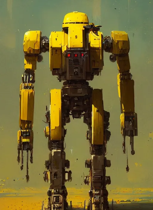 Prompt: tall strong intricate yellow pit droid, pancake head painterly mecha, by Greg Rutkowski