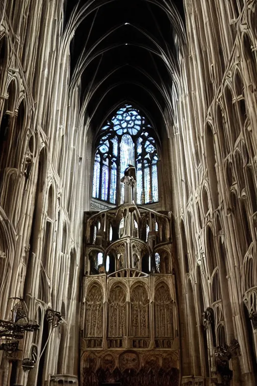 Image similar to A view inside phantom of spiritual gothic cathedral, with mistic crest on top