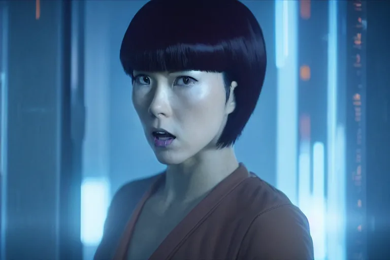 Image similar to major motoko wearing an orange prison jumpsuit, a large hologram of a screaming face dominates the background, photography by fred palacio medium full shot still from bladerunner 2 0 4 9, sci fi, bladerunner, canon eos r 3, f / 3, iso 2 0 0, 1 / 1 6 0 s, 8 k, raw, unedited