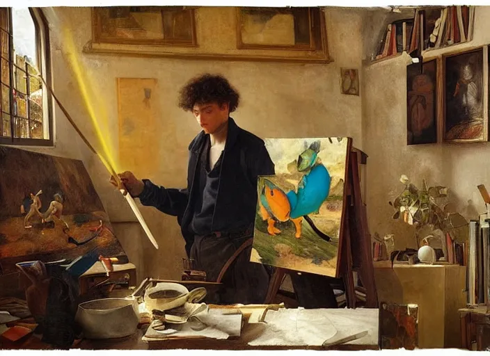 Image similar to a young painter in his studio painting a picture of a colourful pokemon, by edgar maxence and caravaggio and michael whelan and delacroix style, artistic, intricate drawing, cinematic lighting, hyper realistic, extremely detailed, establishing shot, 8 k resolution, dramatic lighting