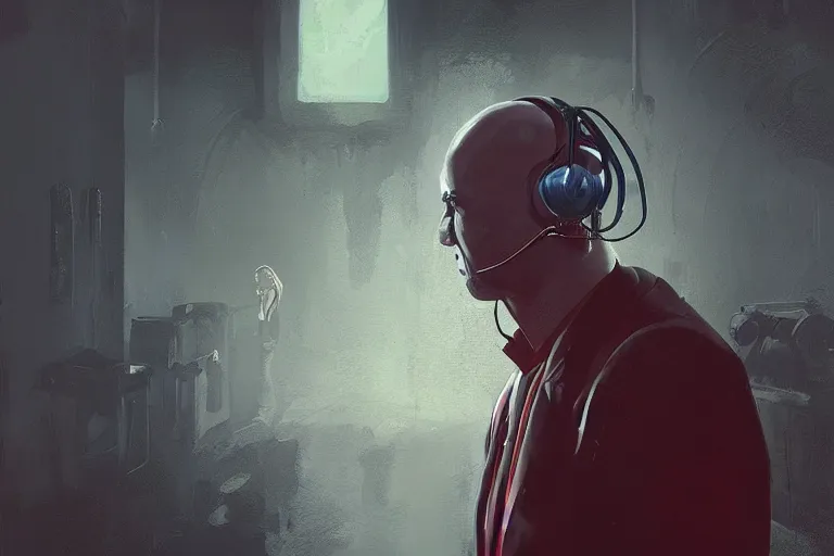 Image similar to an expressive portrait of agent 4 7 wearing headphones in a monastery, dark background, red rim light, digital art, artstation, concept art by giger stalenhag