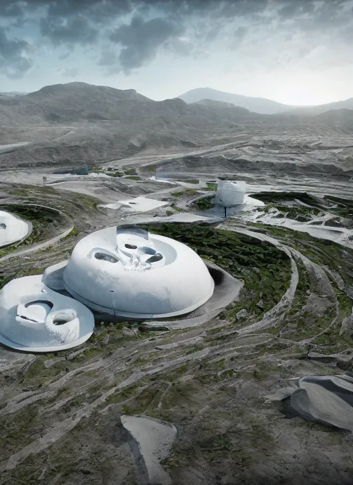 Image similar to bioremediation white architecture high tech, in the mining tailings of chuquicamata, epic, cinematic, hyperealistic, high detailed, corona render, hdr, ray tracing