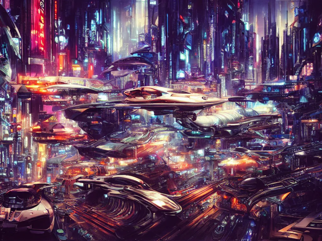 Prompt: hyperrealistic and beautiful painting of a slice of life from a futuristic city, mechanical designs, futuristic cars, night, meticulous, night, cinematic, cyberpunk style, highly detailed!, realism, acrylic on canvas, 8 k resolution, concept art, by noriyoshi ohrai, john berkey, trending on artstation