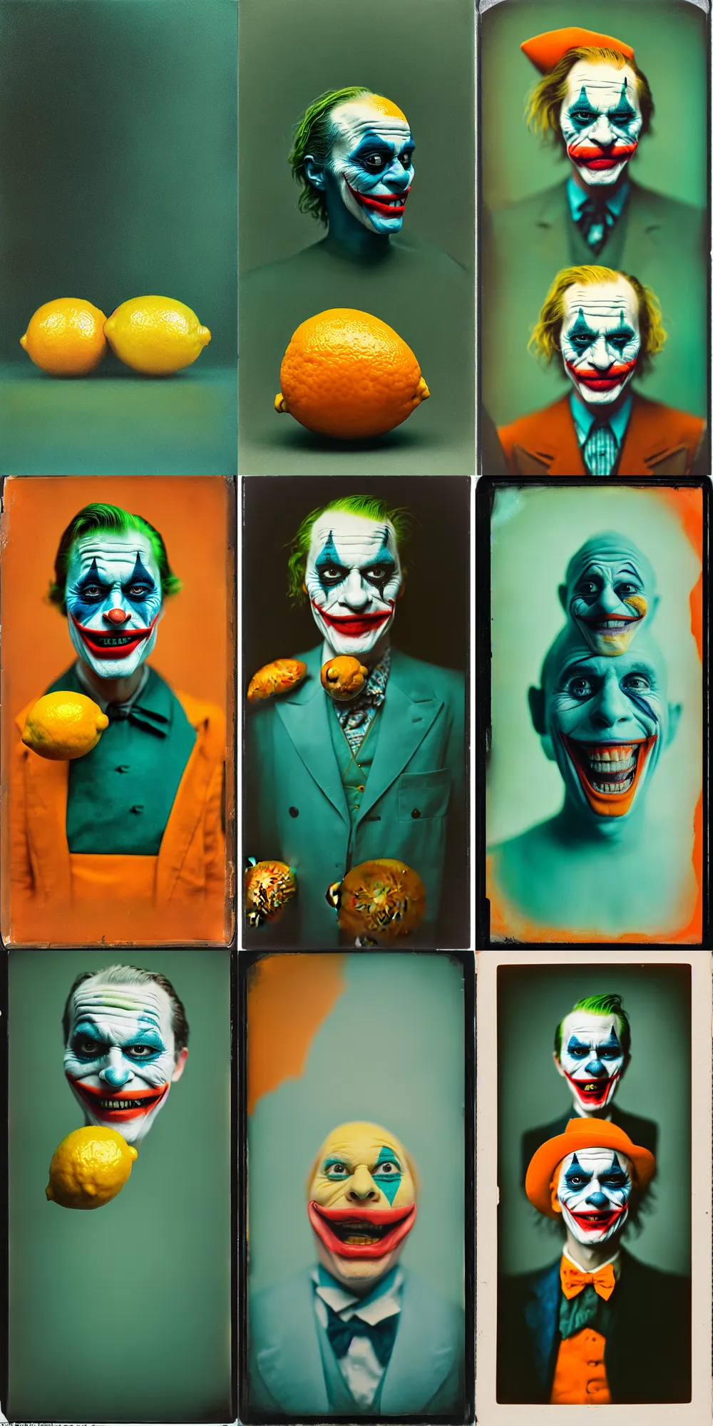 Image similar to kodak portra 4 0 0, wetplate, 8 k, shot of a highly detailed, britt marling style, colour still - life portrait of a lemon looks like 1 9 9 9 joker, teal and orange, muted coloures