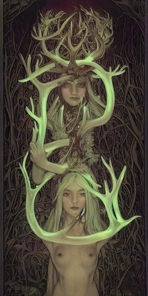 Image similar to intense bioluminescent glowing pagan god with antlers and tusks and pure black eyes in very dark forest by mark ryden and alphonse mucha, portrait, fantasy, clear, light beams, lens flare, intense, uhd, amazing depth, cinematic lighting