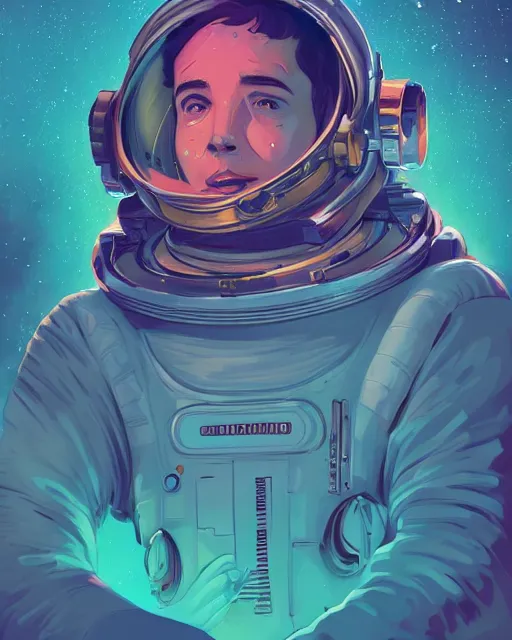 Image similar to wide shoot portrait of ethereal cosmonaut lie relaxed on a crescent moon between the stars and the planets in outer space, cosmonaut post grunge concept art,high detail,4k, trending on artstation by josan gonzalez, wlop, dan mumford and tyler edlin