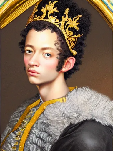 Image similar to rococo portrait of a black prince wearing a golden crown with pastel flowers, symmetrical, realistic, 8 k, digital painting, art by krenz cushart, kehinde wiley, artem demura