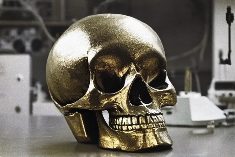 Prompt: large metallic skull sitting atop a pile of thick coiled power cable, stoic and calm, inside of an unlit 1970s science lab, ektachrome photograph, volumetric lighting, f8 aperture, cinematic Eastman 5384 film